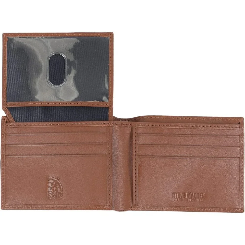 Men's Cognac Attached Flip Pockets Genuine Leather Wallet Card Extra Capacity